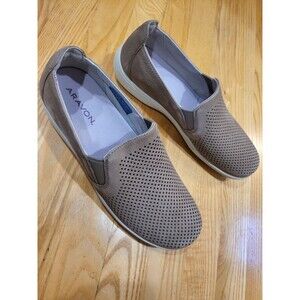 Aravon Women's Lia Slip-on Leather Comfort Sneaker Shoe Size 10 AA Narrow Taupe